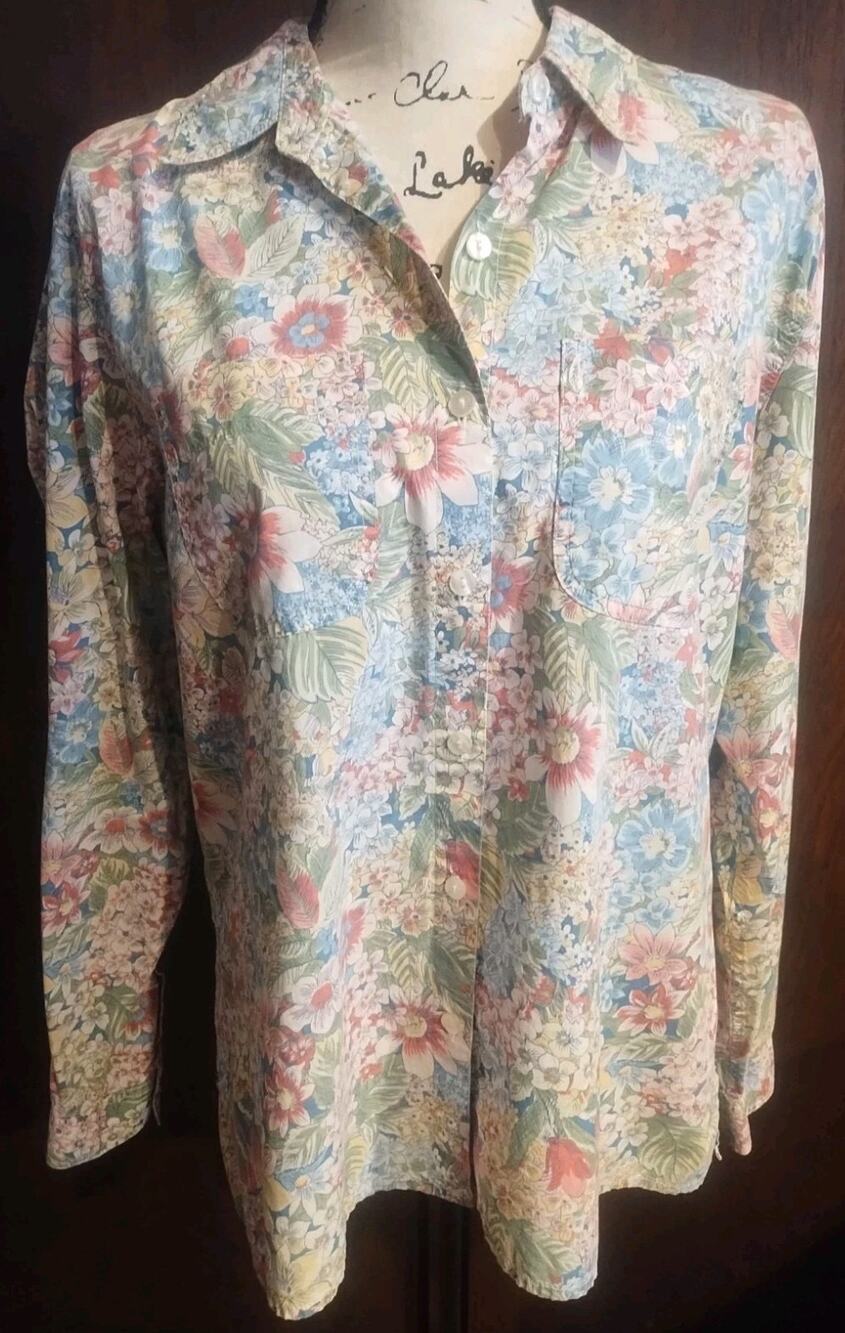 Floral Botanical Button Shirt Pink Blue Cotton Casual Liz Claiborne Size Large